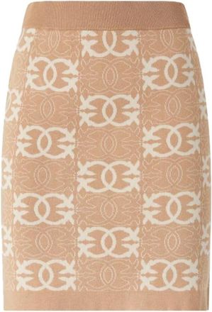 Pinko Gebreide Rechte Rok met Logo-Patroon - Dames - Korte rokken - Beige - M - Leer - Rokken