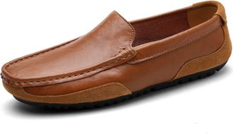 Generic Mens Shoes Mens Loafers Genuine Leather Round Toe Stitching Details Flexible Anti-Slip Flat Heel Lightweight Driving Slip-on(Brown,8.5 UK)