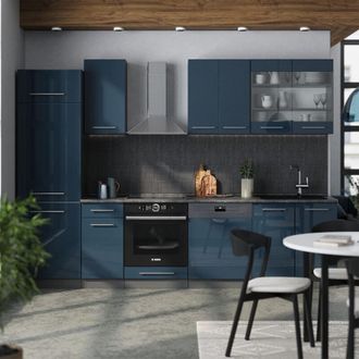 Vicco Mueble De Cocina Fame-line, Azul Oscuro Alto Brillo/antracita, 300 Cm, Et M&aacute;rmol