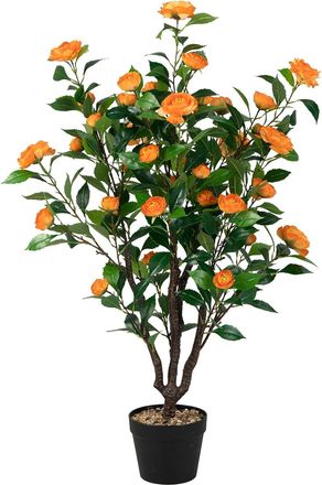 Costway Costway - Camelia Plantas Artificiales Decorativas, Camelia De Imitaci&oacute;n Con 37 Flores Amarillas, Tronco Natural, Guijarros, Plantas Naturales Interio