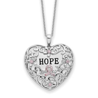 Diamond2Deal Sterling Silver Pink Cubic Zirconia Breast Cancer Heart Necklace