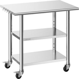 OEM Mesa De Preparaci&oacute;n Con Ruedas 91,5 X 61 X 86,4 Cm, Mesa De Trabajo De Acero Inoxidable 3 Niveles, Con Estante Ajustable, Bordes Redondeados, Para Res