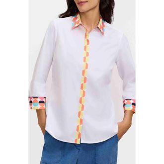 Foxcroft Luna Three-Quarter Sleeve Border Print Button-Up Shirt in White Multi at Nordstrom, Size 10 P