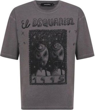 Dsquared2 Mens Dsquared2 El Dsquared2 Graphic Loose Fit T-Shirt Charcoal Grey - Size: 36