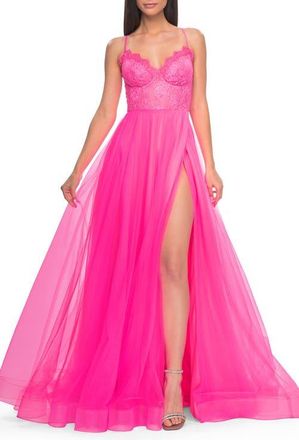 La Femme Tulle Dress with Full Skirt and Sheer Lace Bodice in Neon Pink at Nordstrom, Size 00