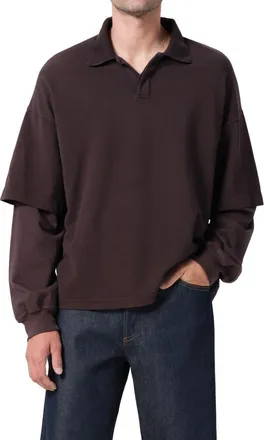 A Gold E Curren Layered Piqu&egrave; Polo in Elysian Dark Brown at Nordstrom, Size X-Large