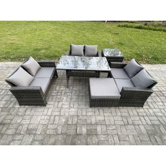 Fimous 7 Seater Rattan Wicker Garden Furniture Patio Conservatory Sofa Set Indoor Outdoor with Dining Table Double Seat Sofa Big Footstool Side Table