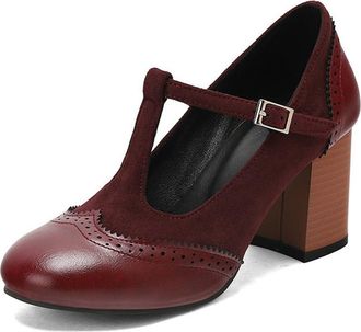 Generic Womens T-Strap Buckle Mary Janes Block Mid Heels Vintage Brogues Pumps Comfort Round Toe Wedding Uniform Casual Shoes (5.5,Wine Red)