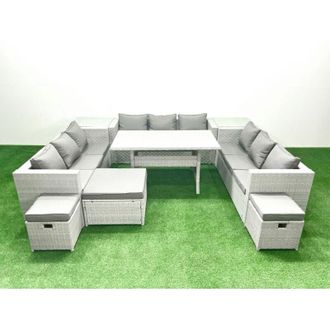 Fimous Rattan Garden Outdoor Furniture Set 12 Seater Garden Sofa Rectangulr Dining Table Set with 3 Footstools 2 Side Tables Light Grey Mixed - Fimous