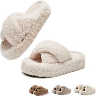 Generic Cozy Fuzzy Cross Band Slippers for Women Warm Winter Indoor House Shoes with Arch Support Non-Slip Platform Open Toe Orthopedic Slipper for Bedroom Ho