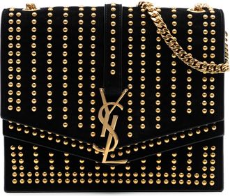 Saint Laurent Womens Pre-owned Medium Studded Suede Monogram Sulpice Crossbody - Black Leather - One Size