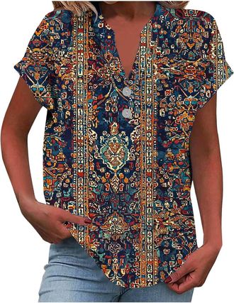 Generic Ladies Summer Tops Button Up Short Sleeve V Neck Tops Dressy Casual Hawaiian Shirts Cotton Linen Workout Holiday Tunic Blouses Loose Floral Boho Tops 