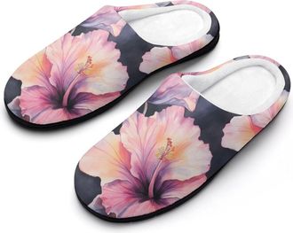 Generic Hibiscus Flowers Mens Slippers Slip On Comfortable Fleece Cotton House Shoes Winter