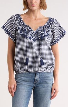 Lucky Brand Gingham Short Sleeve Cotton Top in Navy Gingham at Nordstrom Rack, Size X-Large