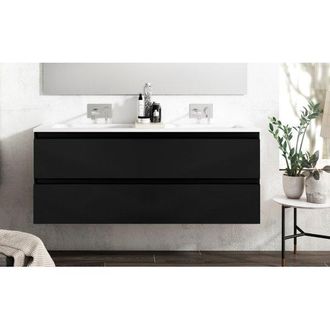 Adema Chaci Badkamermeubelset - 120x46x57cm - 2 ovale keramische wasbakken wit - 2 kraangaten - 2 lades - mat zwart