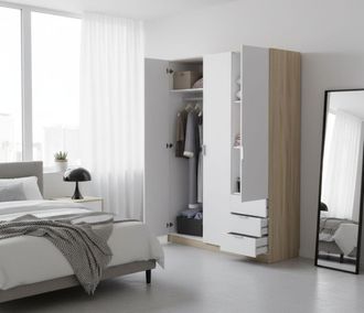 Dmora Dmora - Guardarropa Daband, Armario Dormitorio Con 3 Puertas Y 3 Cajones, Mueble Con Barra Perchero Y 3 Baldas, 121x52h180 Cm, Blanco Y Roble