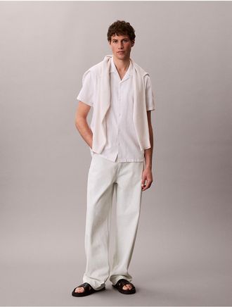 Calvin Klein Mens Linen Cotton Short Sleeve Button-Down Shirt - Open White - 2XL