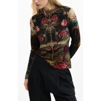 Desigual Floral Print Long Sleeve T-Shirt in Black at Nordstrom, Size X-Small