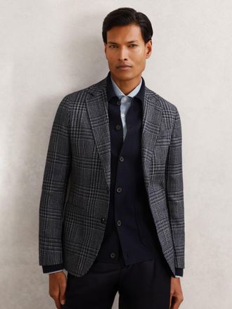 Reiss Navy Wool-blend Check Single-breasted Blazer Tailored-fit, 42