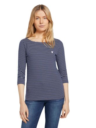 Tom Tailor 3/4-Arm-Shirt TOM TAILOR, Damen, Gr. XXL (44), blau (navy wei&szlig;), Feinripp, Obermaterial: 97% Baumwolle, 3% Elasthan, gestreift, regular fit h&uuml;ftlang, 