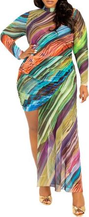 Buxom Couture Print Asymmetric Long Sleeve Mesh Midi Dress in Multi at Nordstrom, Size 2 X