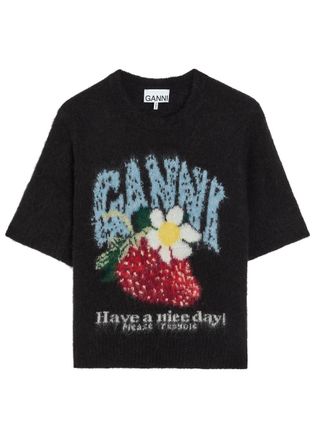 Ganni Intarsia Brushed Alpaca-blend T-shirt - Black - S (UK8-10 / S)