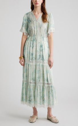 Treasure & Bond Garden Lace Trim Tiered Maxi Dress in Blue Wallpaper Collage at Nordstrom, Size Xx-Large