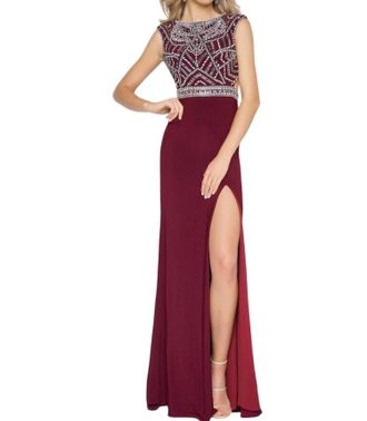 Mac Duggal Beaded Bodice Jersey Dress In Burgundy