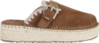 Mou Brown Jute Crochet Trim Adjustable Strap Suede Clogs