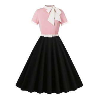 Generic Womens Vintage Dress 1950s Cocktail Party Dress Patchwork Crew Neck Short Sleeve Retro Dresses A Line Swing Flowy Tea Dress Audrey Hepburn 50s 60s Dan