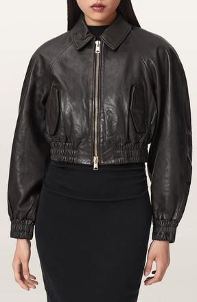 AllSaints Anouk Leather Crop Bomber Jacket in Bitter Brown at Nordstrom, Size X-Small