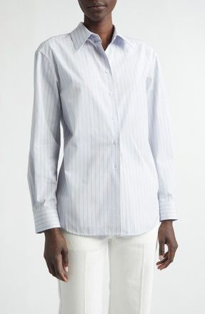 Lafayette 148 New York Aurora Stripe Cotton Tailored Shirt in Glacier Blue Multi at Nordstrom, Size 16