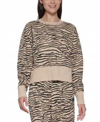 DKNY Activewear Sport Tiger-Print Cropped Sweatshirt In Latte