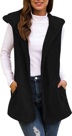 Generic Womens Hooded Faux Cardigan Fluffly Shaggy Vest Jacket Long Coat (Black, M)