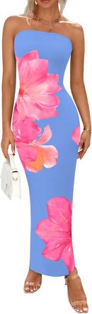 PrettyGarden Women Summer Strapless Maxi Dress Bodycon Floral Sexy Long Wedding Guest Dress Formal Tube Mesh Cocktail Dresses, Blue Pink Floral, M