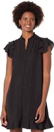 CeCe by Cynthia Steffe Mini Dress Small Black Pintuck Button Front Flutter Sleeve JZZ475