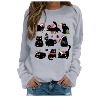 Generic Christmas Jumpers Christmas Cat Sweatshirts Black Cat Christmas Lights Shirt Crewneck Holiday Pullover Sweater Long Sleeve Pullover Blouse Crew Neck O