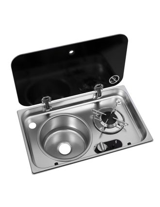 OEM Estufa De Gas De 1 Fuego Empotrada Con Tapa De Acero Inoxidable + Fregadero A La Izquierda 526 &times; 326 - Navy Load