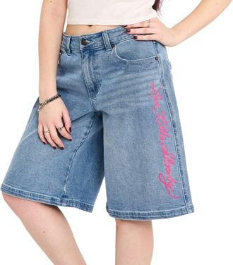 Ed Hardy Flower Diamond Low Rise Baggy Jorts In Light Wash