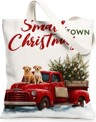 Generic Christmas Dog Canvas Tote Bags, Vintage Animal Pattern Reusable Grocery Bags, Holiday Rustic Lightweight Washable Shoulder, White, 13x15 Inch