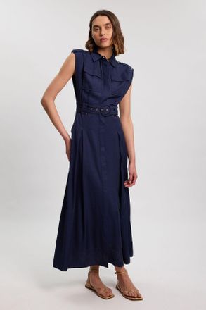 Karen Millen Womens Premium Viscose Linen Belted Woven Midaxi Dress With Gold Hardware Detail - Navy - Size 14 UK