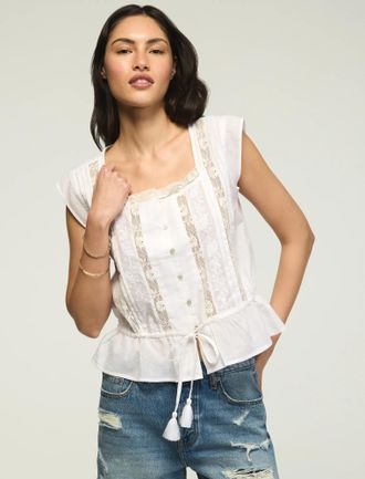 Lucky Brand Womens Short Sleeve Lace Square Neck Top