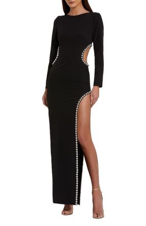 Mac Duggal Crepe Long Sleeve Gown With Beaded Cut Outs in Black at Nordstrom, Size 10