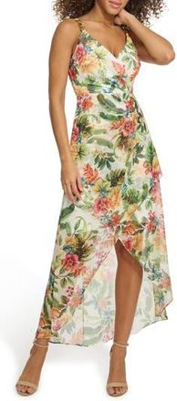 Siena My Balconia Floral Souflee Crepe Faux Wrap Midi Dress in White Multi at Nordstrom Rack, Size 16