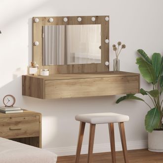 Berkfield Home Wall Hanging Dressing Table with LED Lights Artisan Oak in Brown