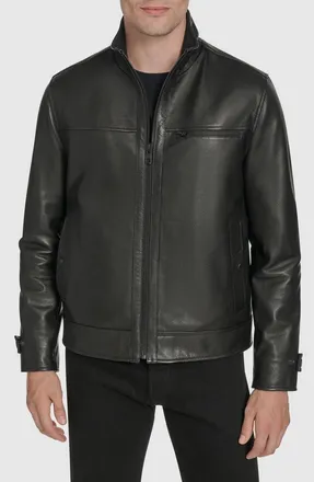 Andrew Marc Stand Collar Leather Jacket in Black at Nordstrom, Size Xx-Large