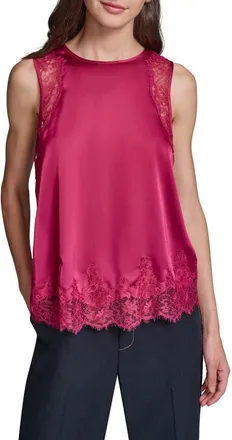 Karl Lagerfeld Eyelash Lace Trim Satin Tank in Currant at Nordstrom, Size X-Large