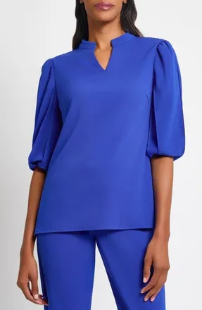 Ming Wang Deco Puff Sleeve Stretch Crepe Top in Sapphire Sea at Nordstrom, Size Xx-Small