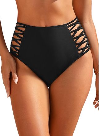 Holipick Women High Waisted Bikini Bottoms Tummy Control Swimsuit Bottoms Strappy Swim Bottom, Black, Medium