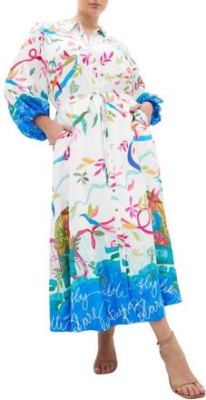 City Chic Tahlia Long Sleeve Bird Print Maxi Shirtdress in Free Spirit at Nordstrom, Size Xxxs